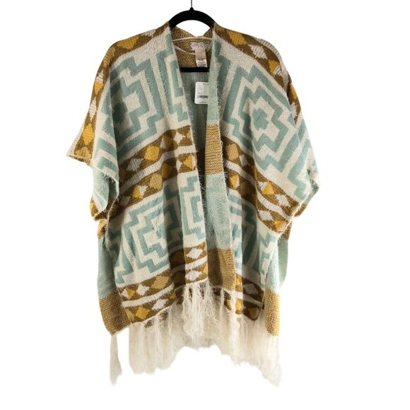 Free People Diamondback Cozy Kimono Poncho Soft Southwest Boho Ivory Yellow OS - Picture 1 of 3
